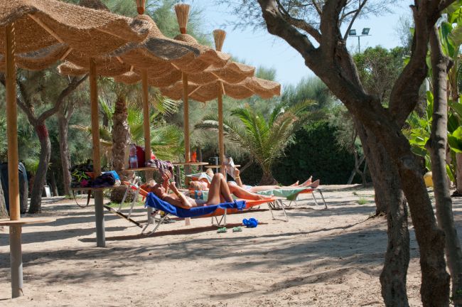 Persone si rilassano su lettini sotto ombrelloni di paglia in un ambiente alberato.