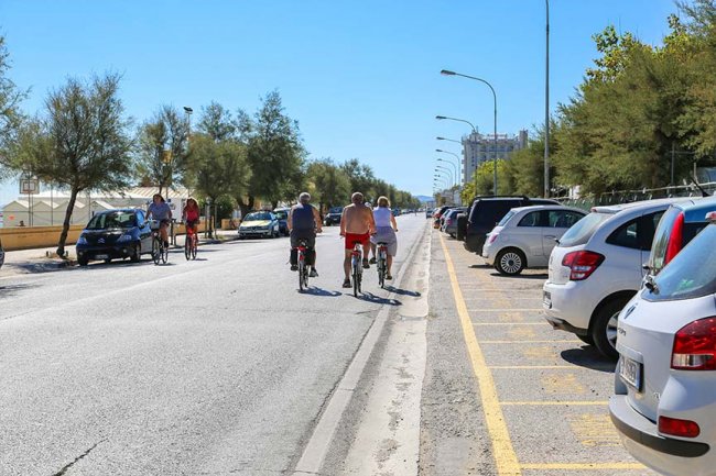Persone in bicicletta lungo una strada con auto parcheggiate e alberi ai lati.