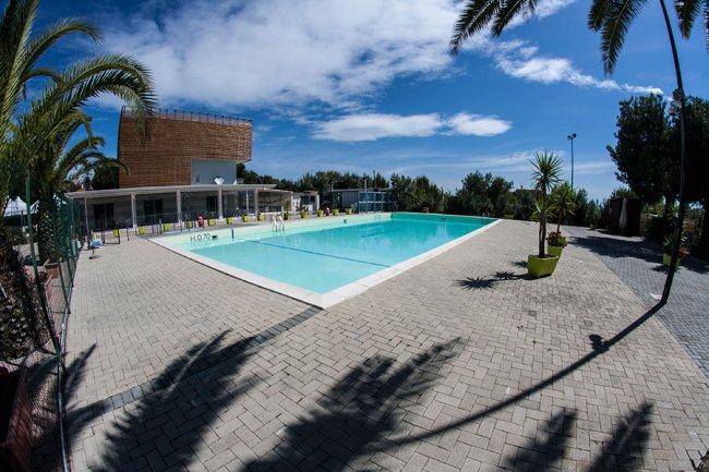 Una piscina all'aperto con area pavimentata e palme intorno.