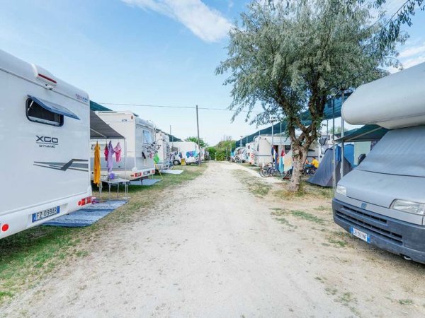 Area di campeggio con camper parcheggiati lungo un sentiero sterrato.