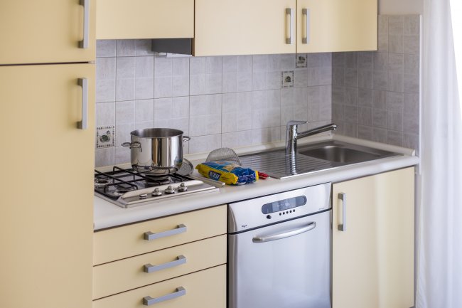 Cucina con fornello a gas, lavello e lavastoviglie.