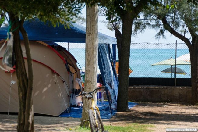 Una tenda sotto una tettoia blu vicino al mare, con una bicicletta appoggiata a un albero.