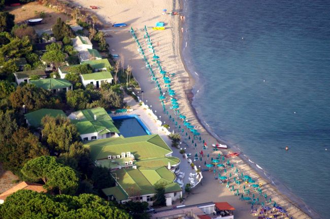 Vista aerea di una spiaggia con ombrelloni turchesi allineati vicino all'acqua, immersa nel verde.