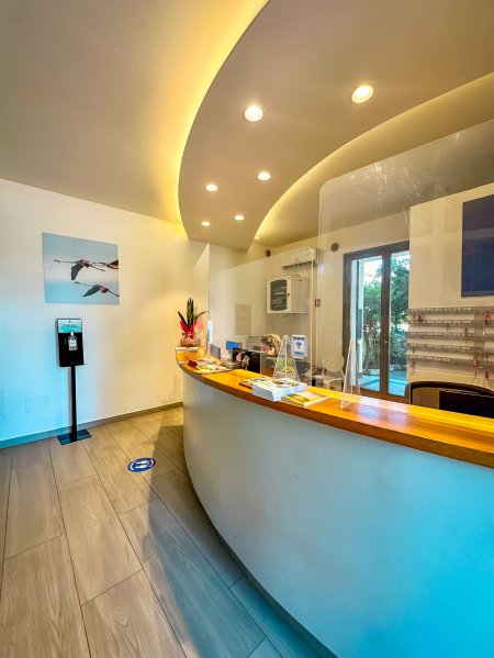 Una reception moderna con pareti curve, pannello divisorio trasparente e luci soffuse.